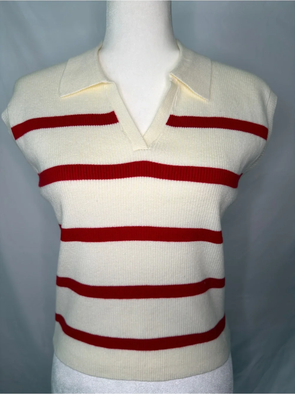 Double Zero Cream V-Neck Sweater Vest with Red Stripes